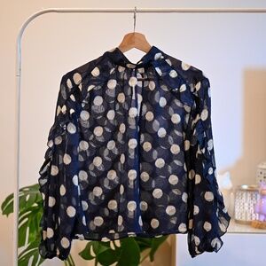 Zara Navy & White Polka Dot Sheer Ruffle Top – Size Medium